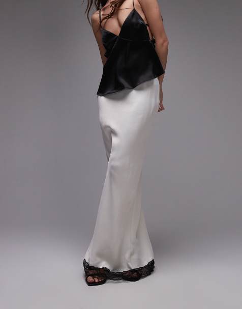 Topshop satin bias cut maxi skirt in ivory with black lace - view 1