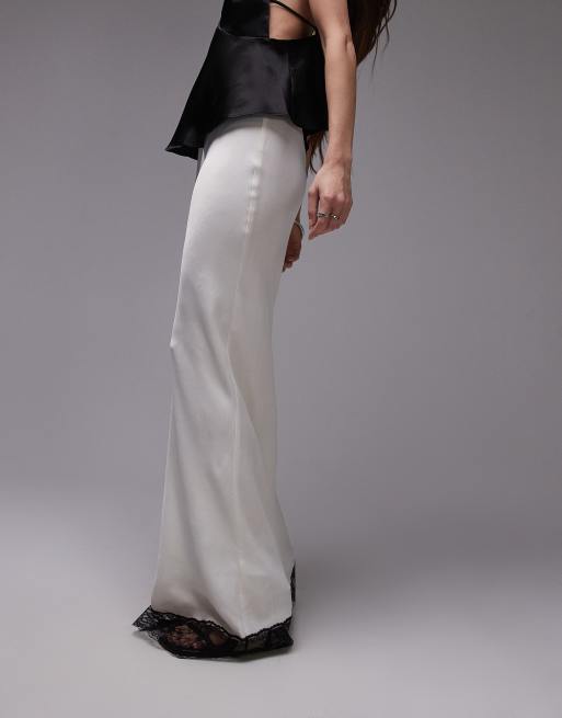Topshop satin bias cut maxi skirt in ivory with black lace, 2 of 5