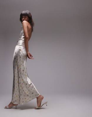 satin bias cut maxi skirt in vintage floral in ivory - part of a set-White