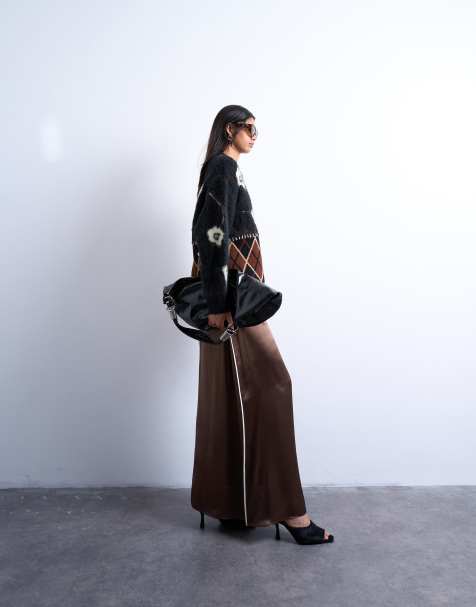 Topshop satin bias cut maxi skirt with piping in chocolate - view 1