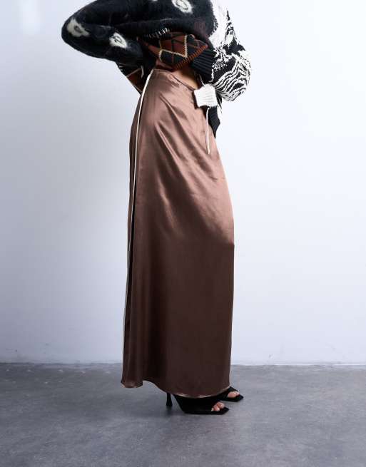 Topshop satin bias cut maxi skirt with piping in chocolate, 2 of 5