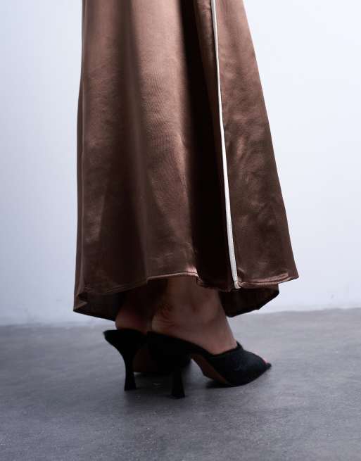 Topshop satin bias cut maxi skirt with piping in chocolate, 4 of 5