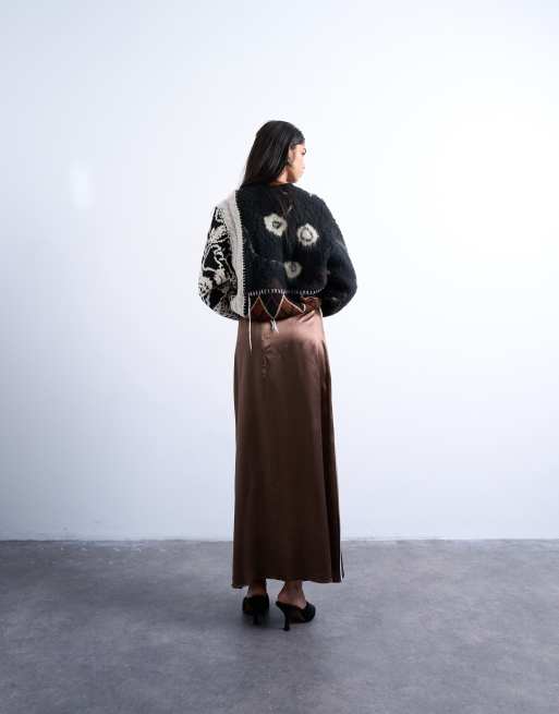 Topshop satin bias cut maxi skirt with piping in chocolate, 5 of 5
