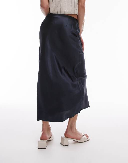 Topshop satin bias cut skirt in navy