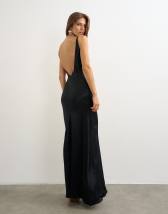 Topshop satin bias halter neck open scoop back maxi dress in black