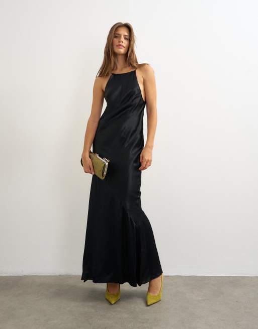 Topshop satin bias halter neck open scoop back maxi dress in black, 3 of 4