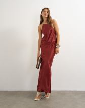 Topshop satin bias halter neck open scoop back maxi dress in burnt red