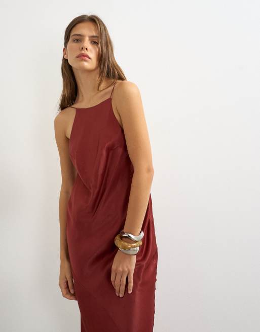 Topshop satin bias halter neck open scoop back maxi dress in burnt red, 3 of 4