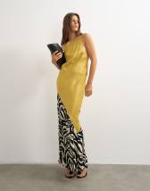 Topshop satin bias halter neck open scoop back maxi dress in colour block animal