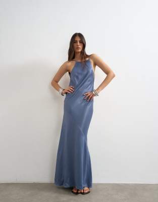 Topshop Satin Bias Halter Neck Open Scoop Back Maxi Dress In Blue