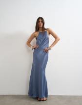 Topshop satin bias halter neck open scoop back maxi dress in denim blue