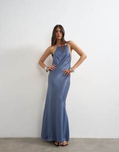 Satin bias halter neck open scoop back maxi dress in denim blue