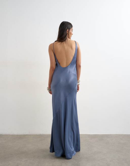 Topshop satin bias halter neck open scoop back maxi dress in denim blue, 2 of 4