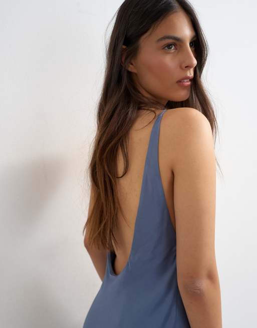 Topshop satin bias halter neck open scoop back maxi dress in denim blue, 3 of 4