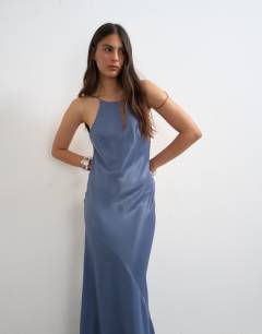 Model wearing Satin bias halter neck open scoop back maxi dress in denim blue