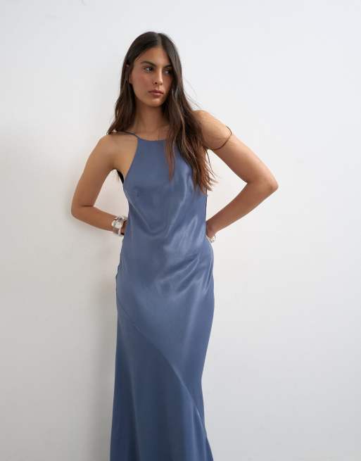 Topshop satin bias halter neck open scoop back maxi dress in denim blue, 4 of 4