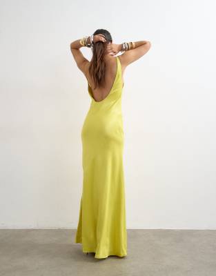 Topshop Satin Bias Halter Neck Open Scoop Back Maxi Dress In Yellow