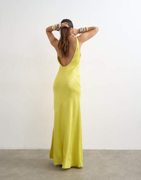 Topshop satin bias halter neck open scoop back maxi dress in lime - view 1