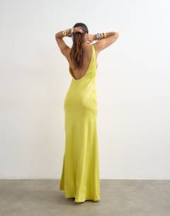 Satin bias halter neck open scoop back maxi dress in lime