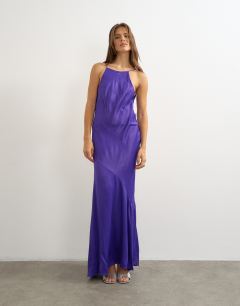Model wearing Satin bias halter neck open scoop back maxi dress in purple