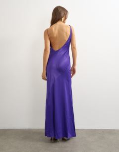 Model wearing Satin bias halter neck open scoop back maxi dress in purple