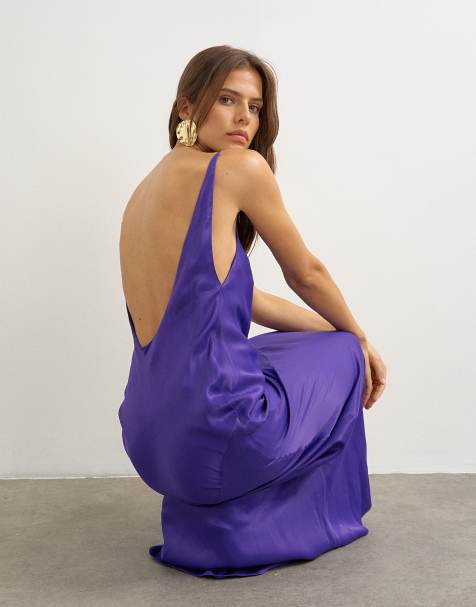 Topshop satin bias halterneck maxikjole med åben rund ryg i lilla - view 1