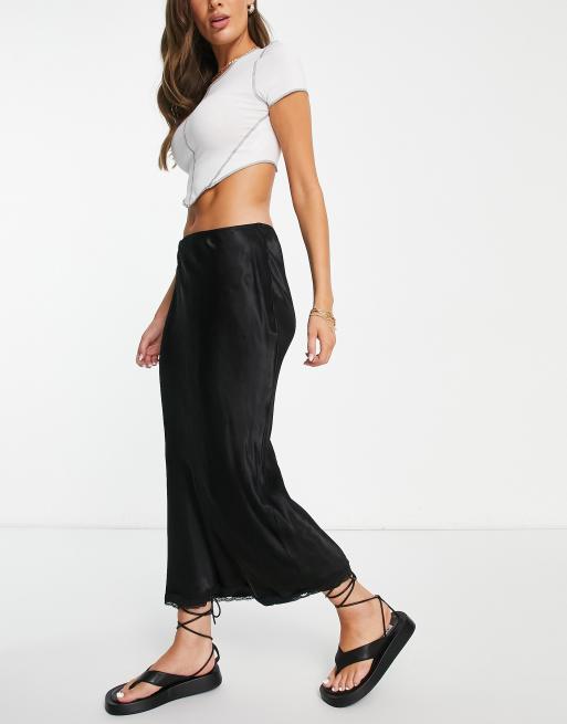 Topshop satin bias lace hem midi skirt black ASOS