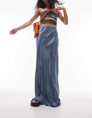 Shop Topshop Satin Bias Maxi Skirt In Airforce Blue