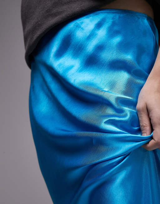 Topshop satin bias maxi skirt in bright blue, 3 of 4