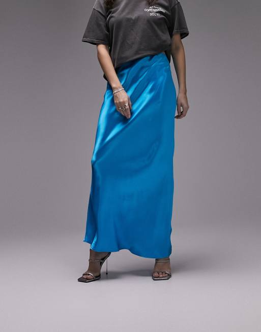 Topshop satin bias maxi skirt in bright blue, 4 of 4
