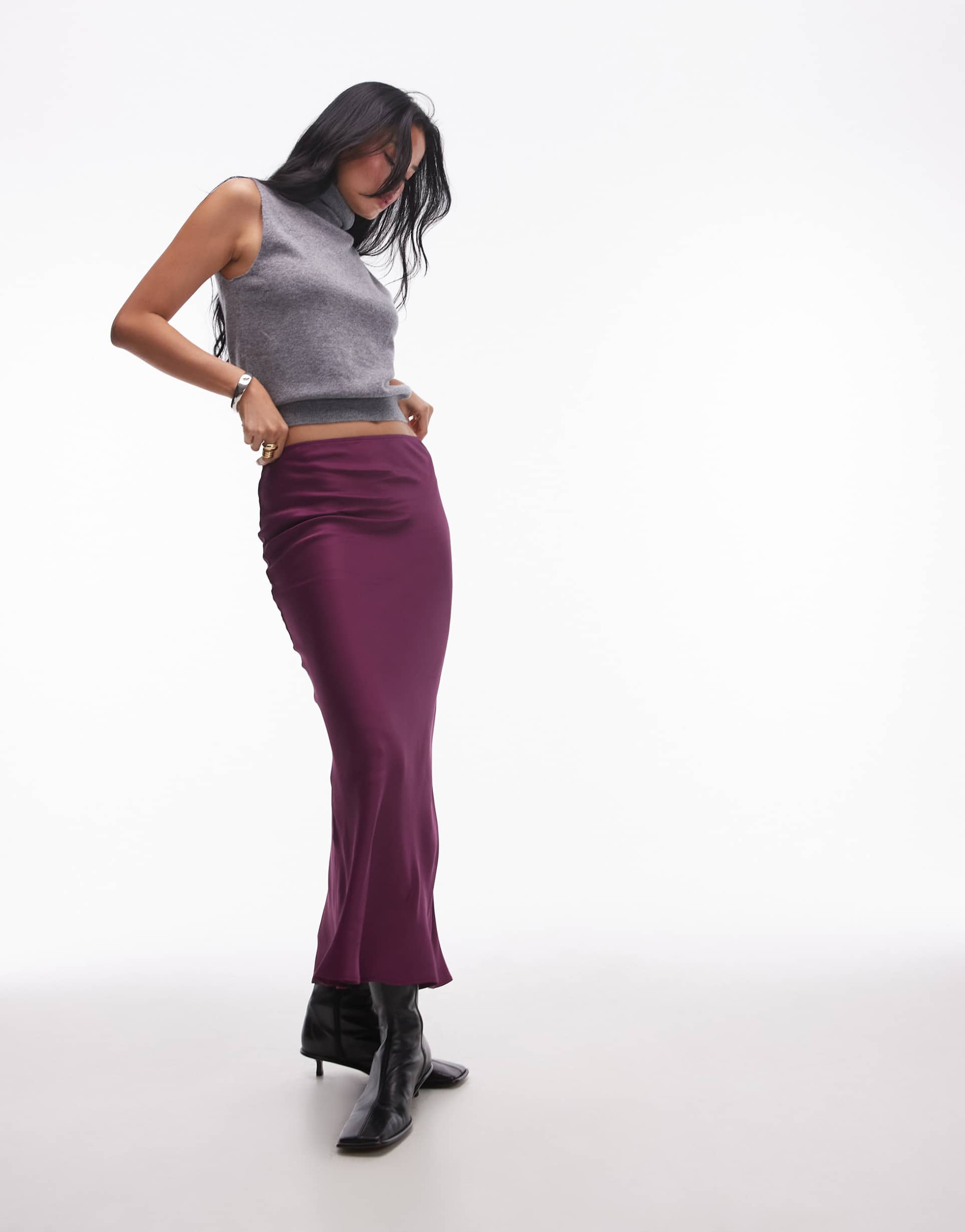 topshop satin bias maxi skirt in burgundy