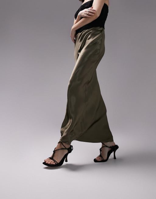 Topshop satin bias 2025 midi skirt khaki