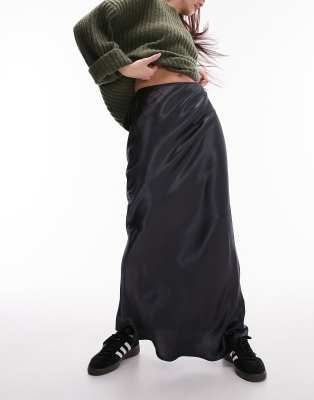 satin bias maxi skirt in indigo-Blue