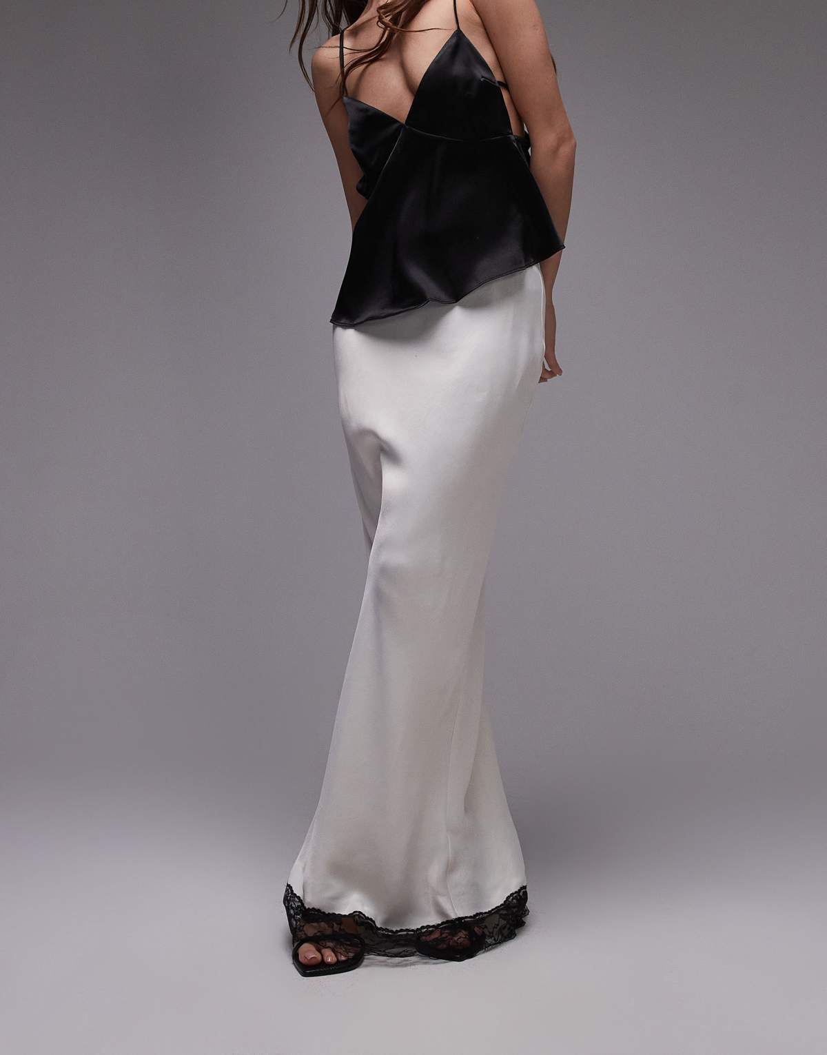 Topshop satin bias maxi skirt in ivory with black lace
