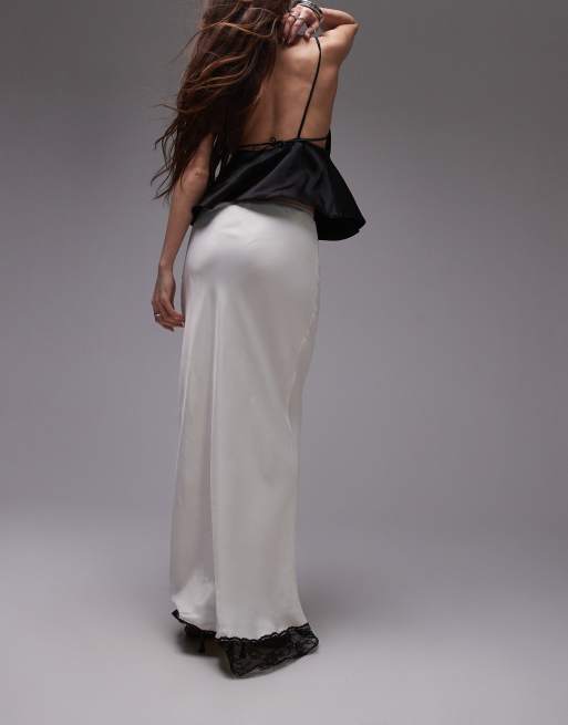 Topshop satin bias maxi skirt in ivory with black lace, 3 of 5