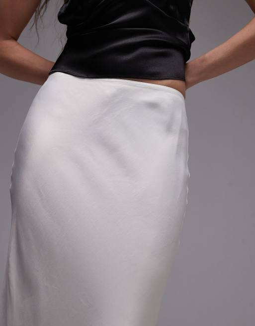 Topshop satin bias maxi skirt in ivory with black lace, 4 of 5