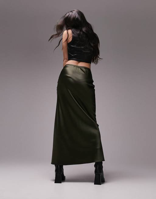 Topshop satin bias outlet midi skirt khaki