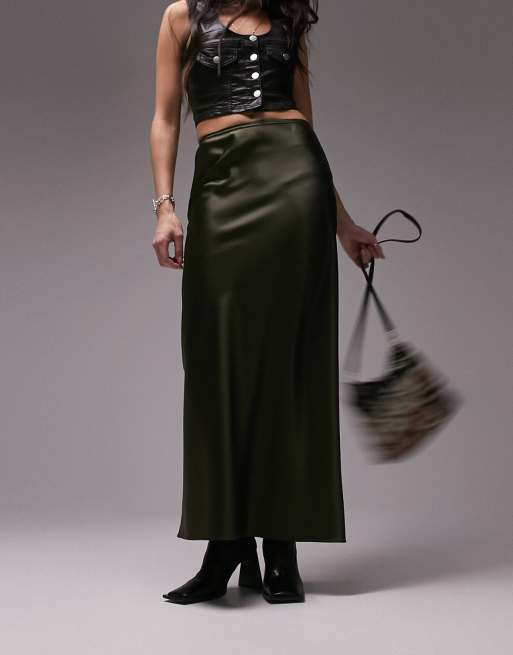 Topshop satin bias maxi skirt in khaki