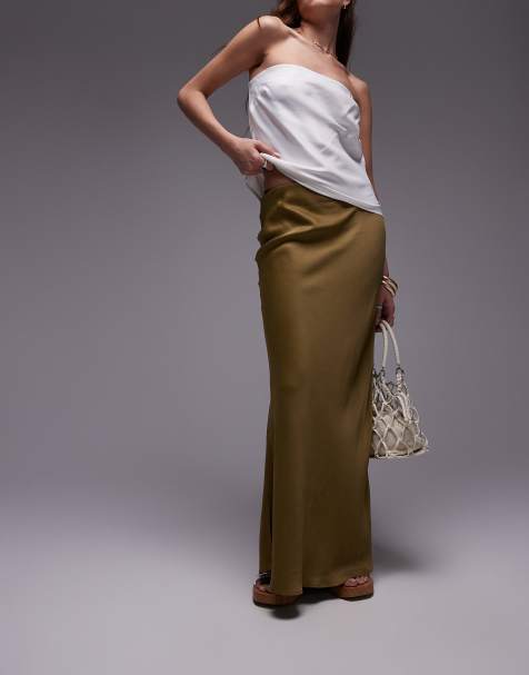 Topshop satin bias maxi skirt in khaki - view 1
