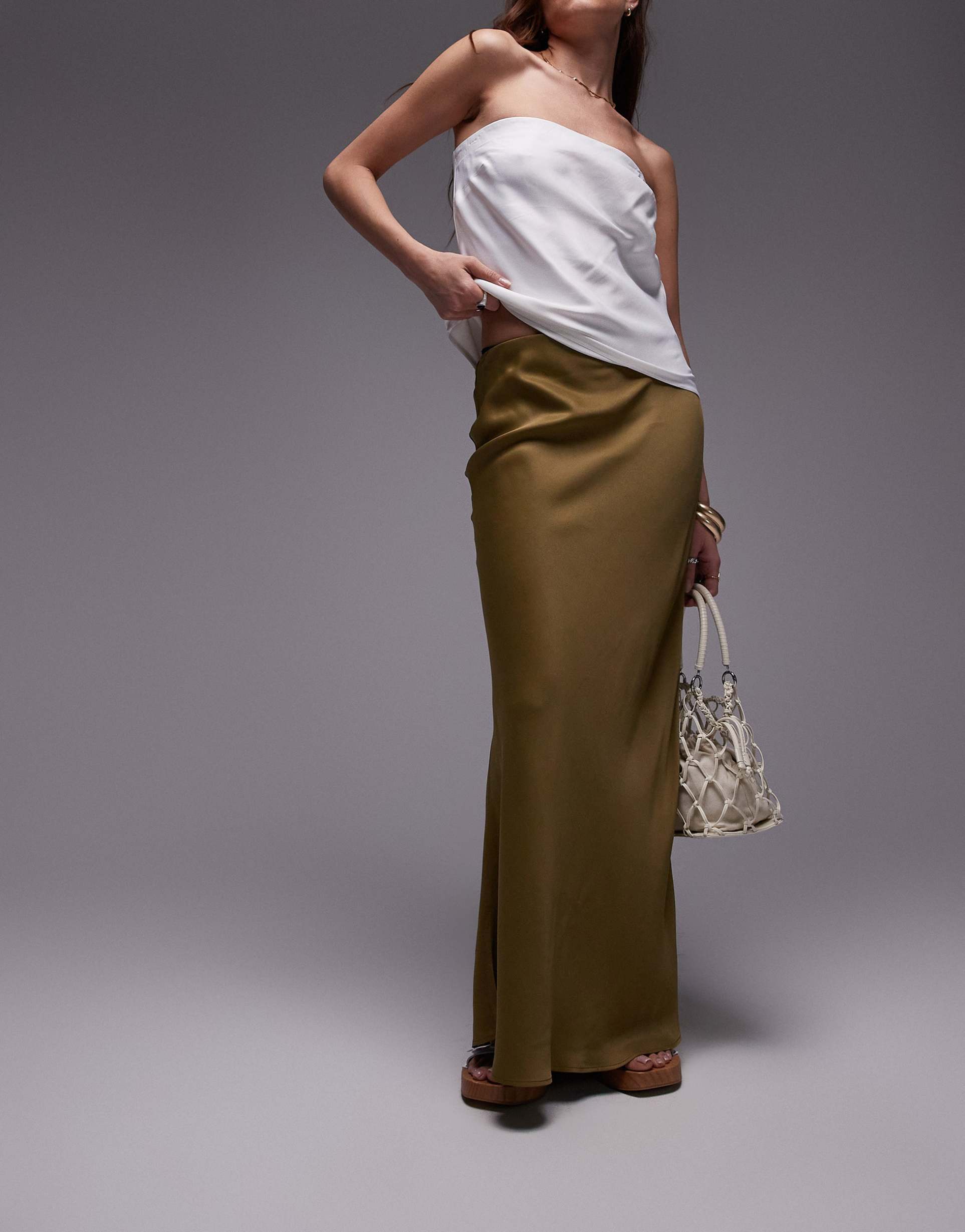 topshop satin bias maxi skirt in khaki