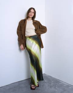 Satin bias maxi skirt in lime ombre stripe