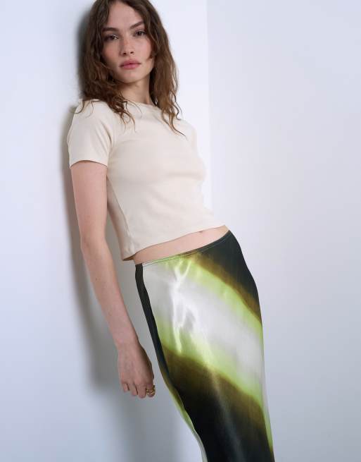 Topshop satin bias maxi skirt in lime ombre stripe, 2 of 5