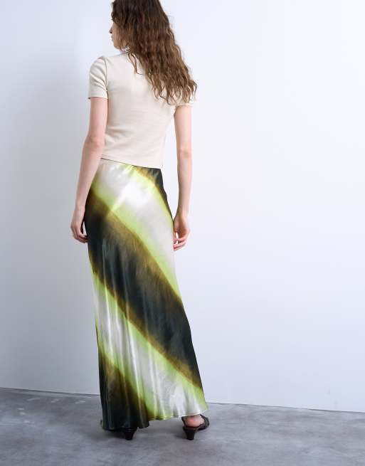 Topshop satin bias maxi skirt in lime ombre stripe, 3 of 5