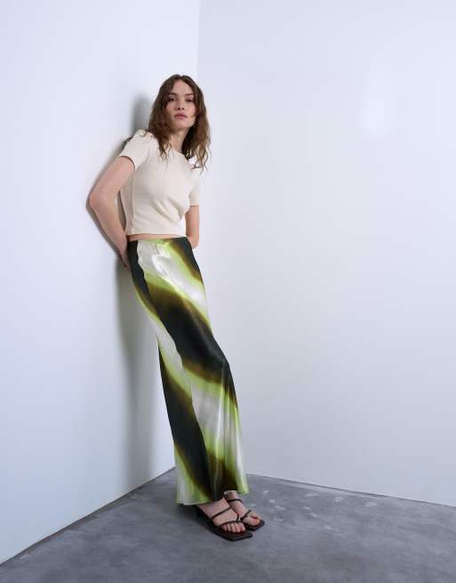 Topshop satin bias maxi skirt in lime ombre stripe, 4 of 5