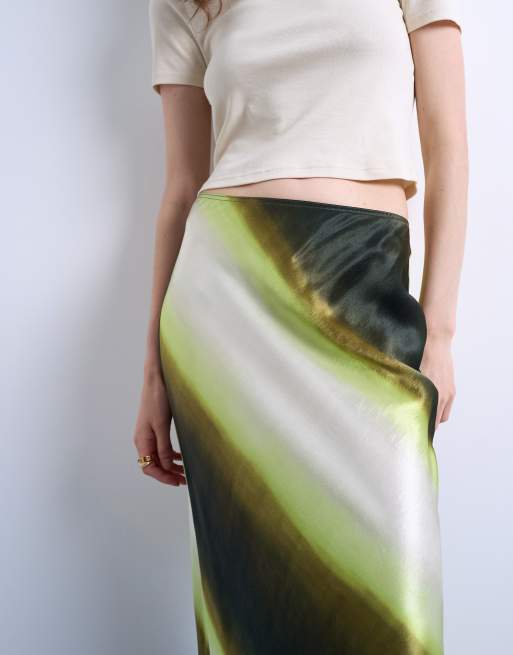 Topshop satin bias maxi skirt in lime ombre stripe, 5 of 5