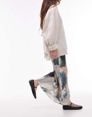 Topshop satin bias maxi skirt in marble print-Multi