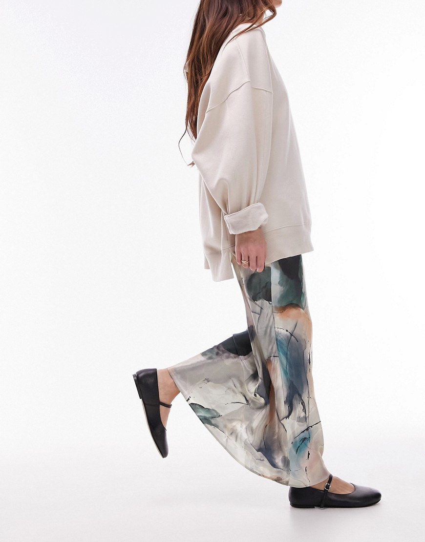 Topshop satin bias maxi skirt in marble print-Multi