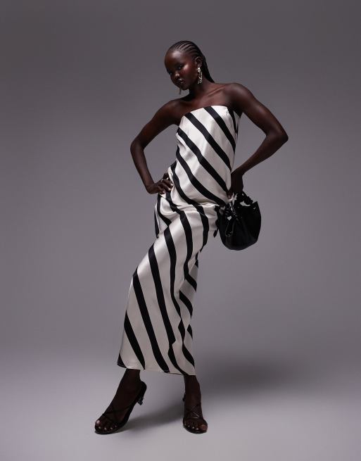 Topshop satin bias maxi skirt in mono diagonal stripe (part of a set)
