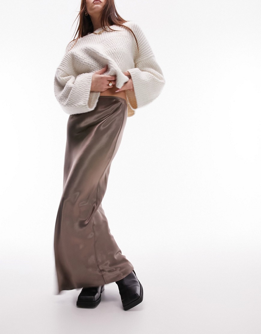 Topshop Satin Bias Maxi Skirt In Mushroom-gray