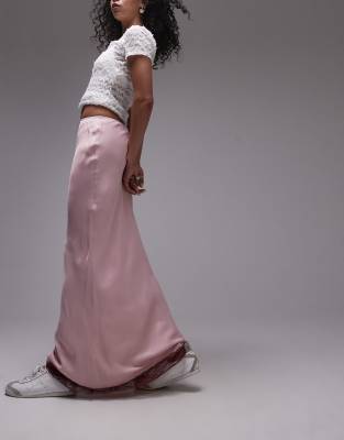 satin bias maxi skirt in pink with burgundy lace